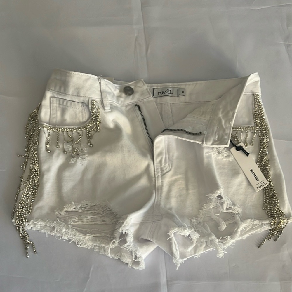 Rue21 White Jean Shorts with Silver rhinestone Fringe